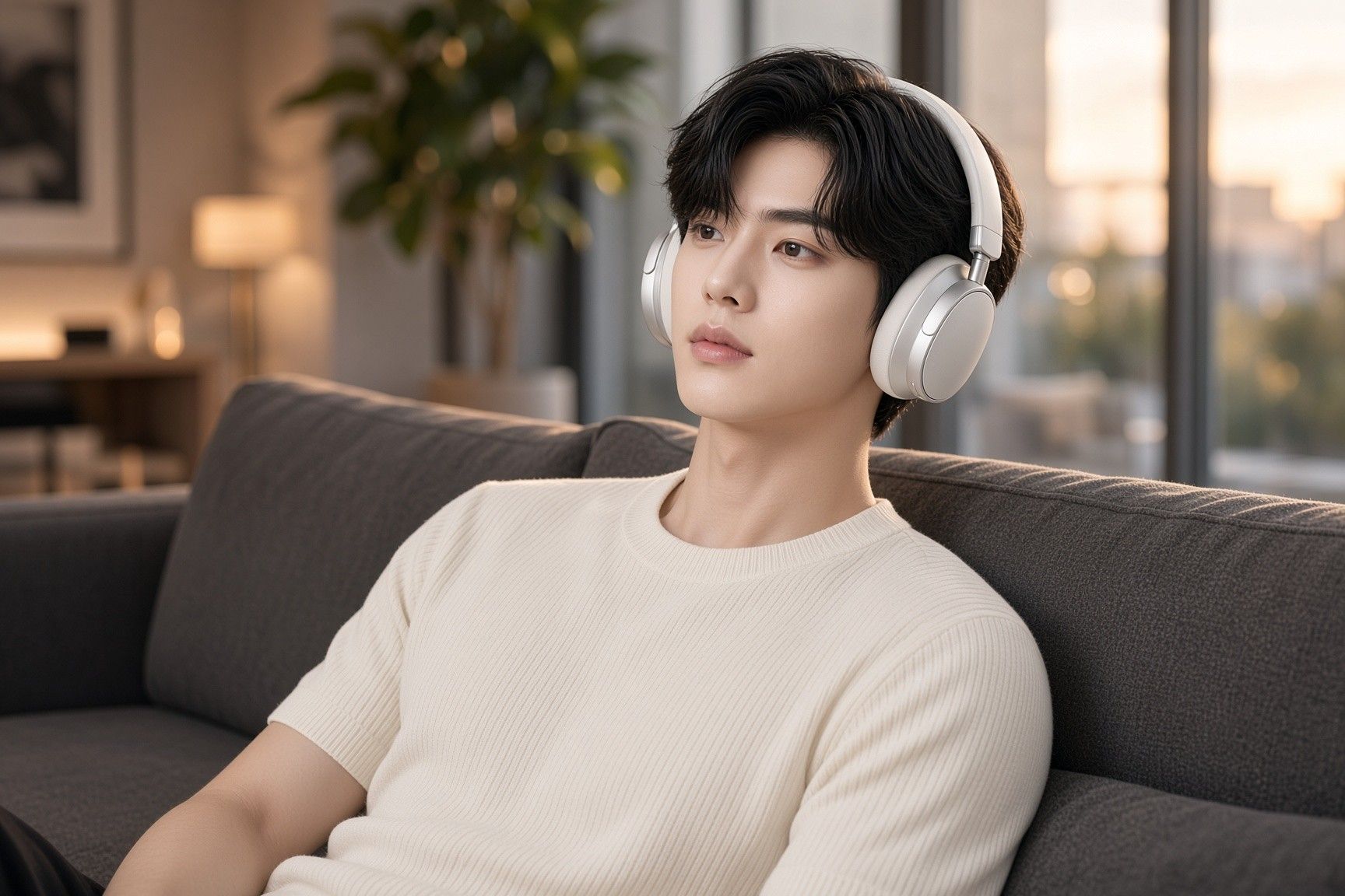 AI 생성 이미지: 거실 소파에 기대 앉은 남성, 흰 헤드폰