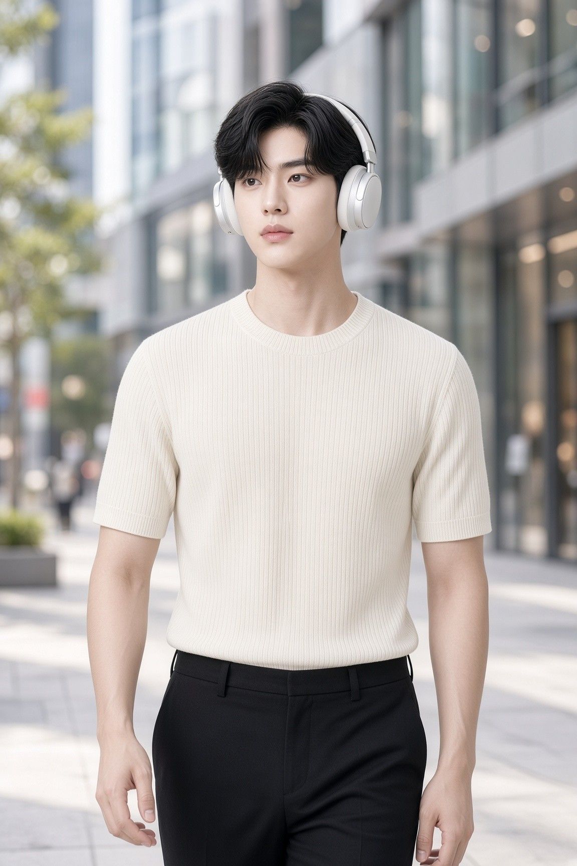 AI 생성 이미지: 빌딩 앞 보도를 걷는 남성, 흰 헤드폰