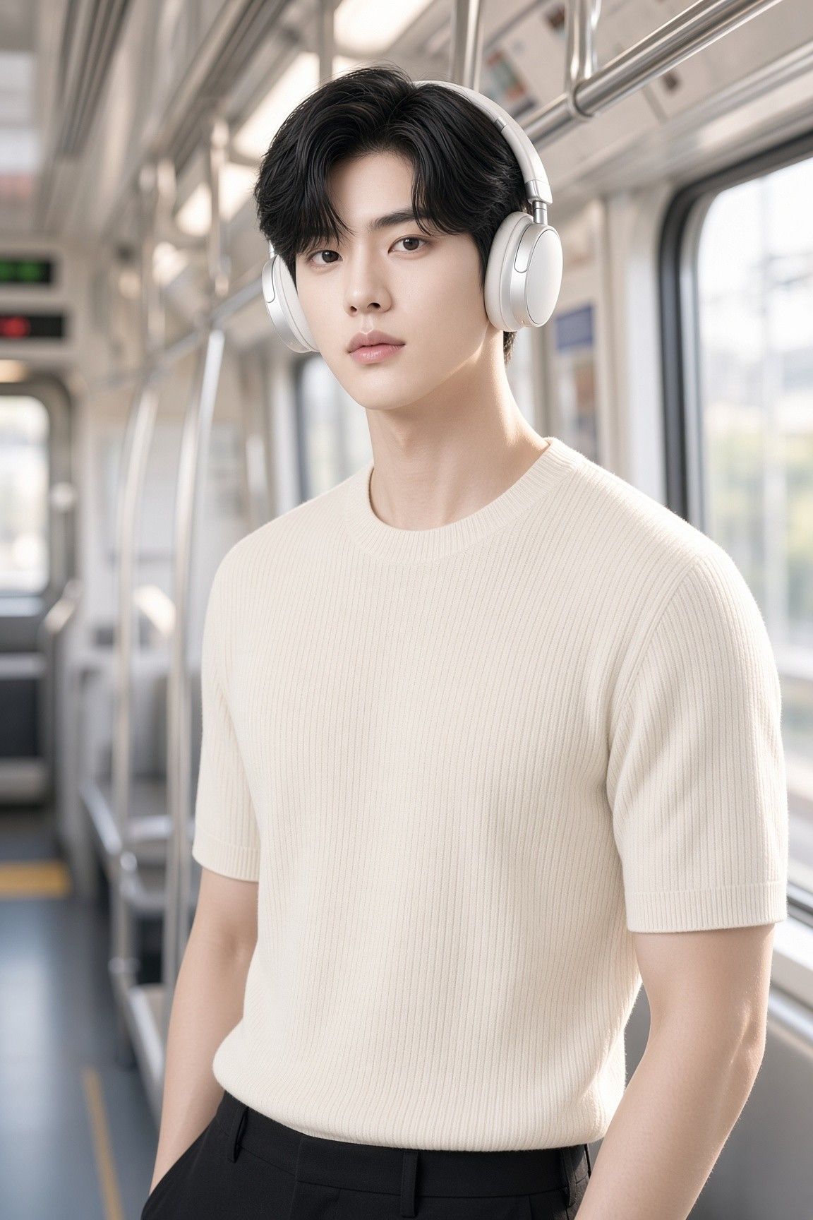 AI 생성 이미지: 지하철 객실 안에 선 남성, 흰 헤드폰을 쓰고 있음