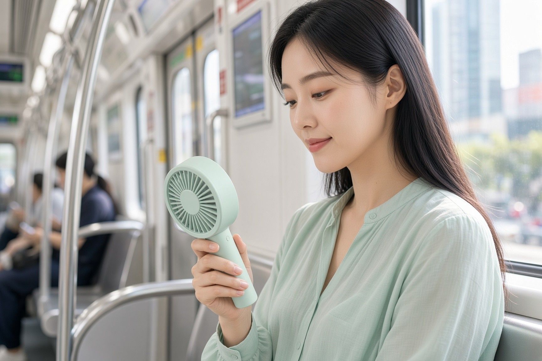 AI 생성 이미지: 지하철 안에서 민트색 손풍기를 얼굴 쪽에 대고 있는 여성