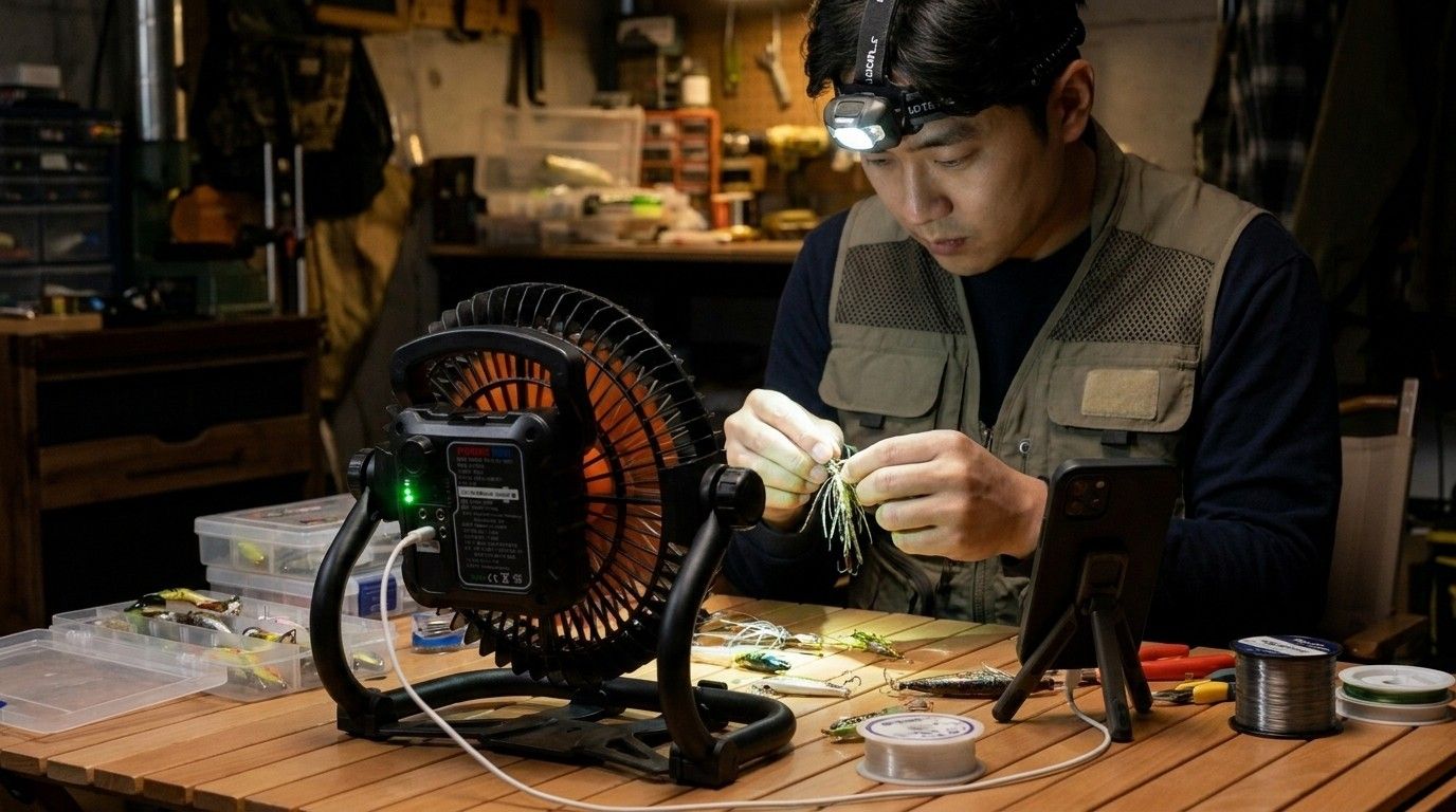 AI 생성 이미지: 밤 작업대에서 헤드랜턴을 쓰고 손작업을 하는 남성 앞 캠핑 선풍기