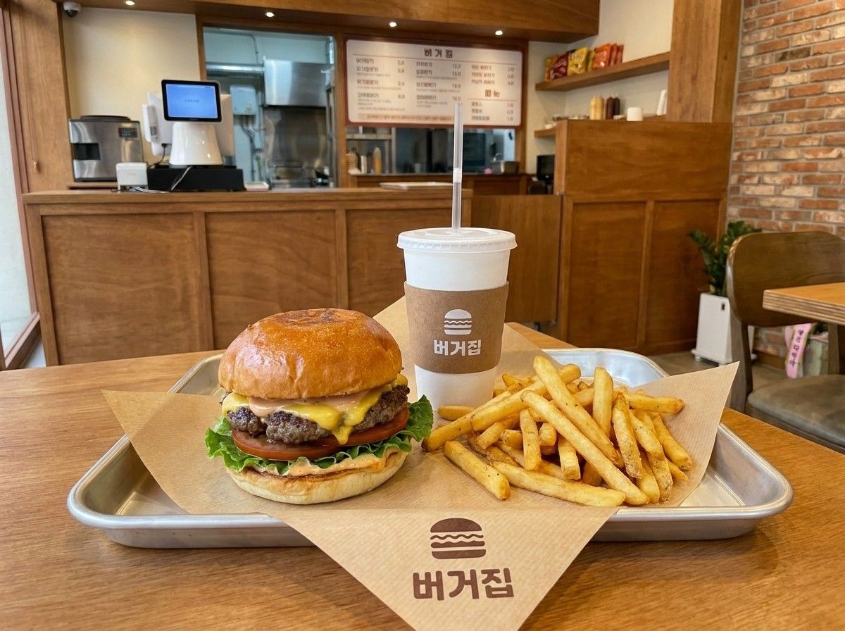 버거와 감자튀김, 음료가 함께 놓인 세트