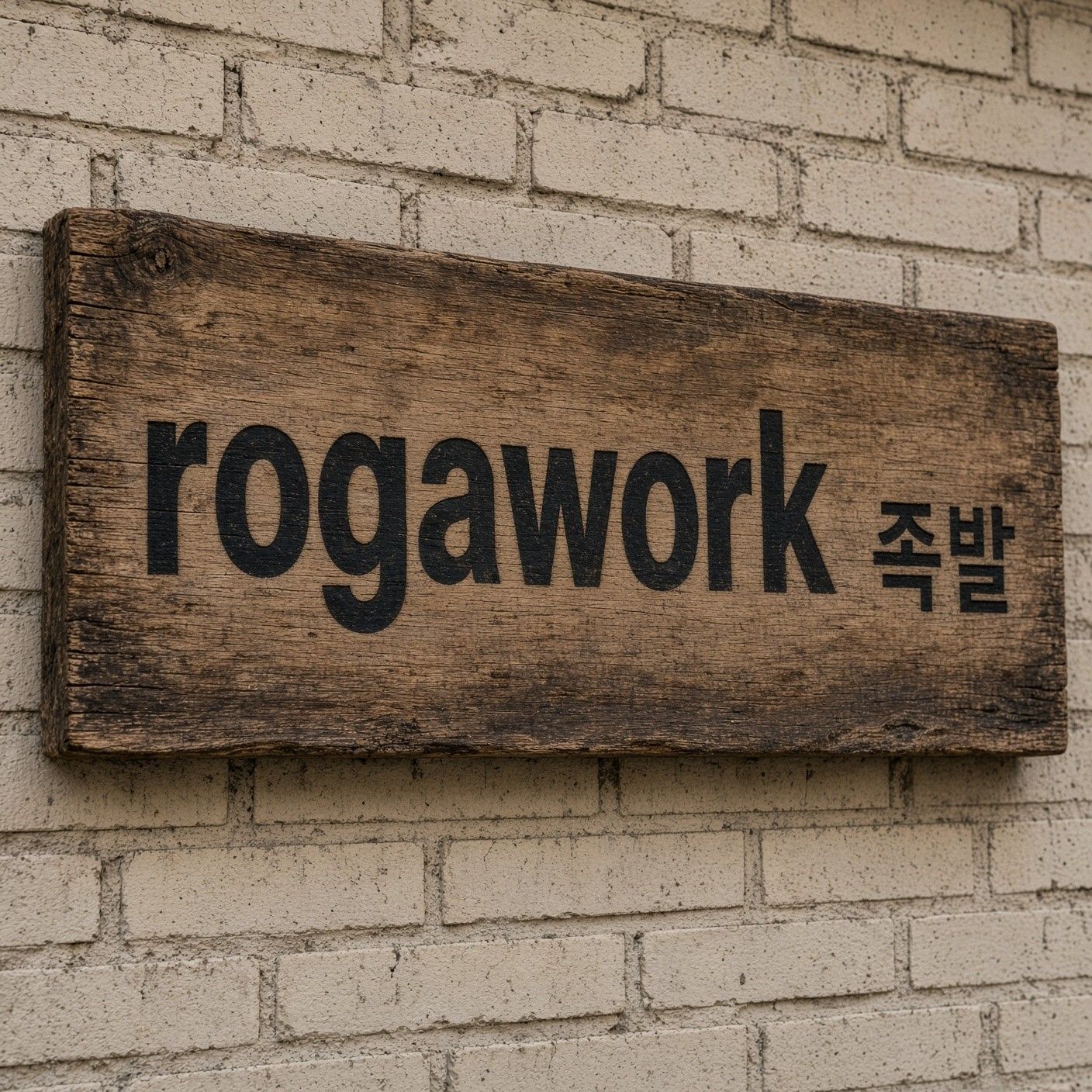 벽돌 벽에 걸린 rogawork 족발 나무 간판