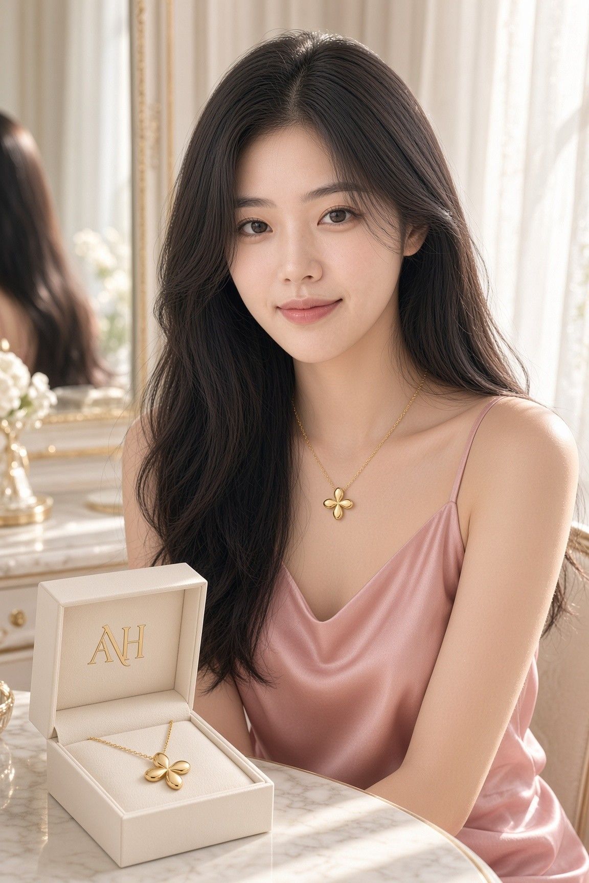 AI 생성 이미지: 분홍 새틴 슬립을 입은 여성 앞에 놓인 열린 목걸이 상자
