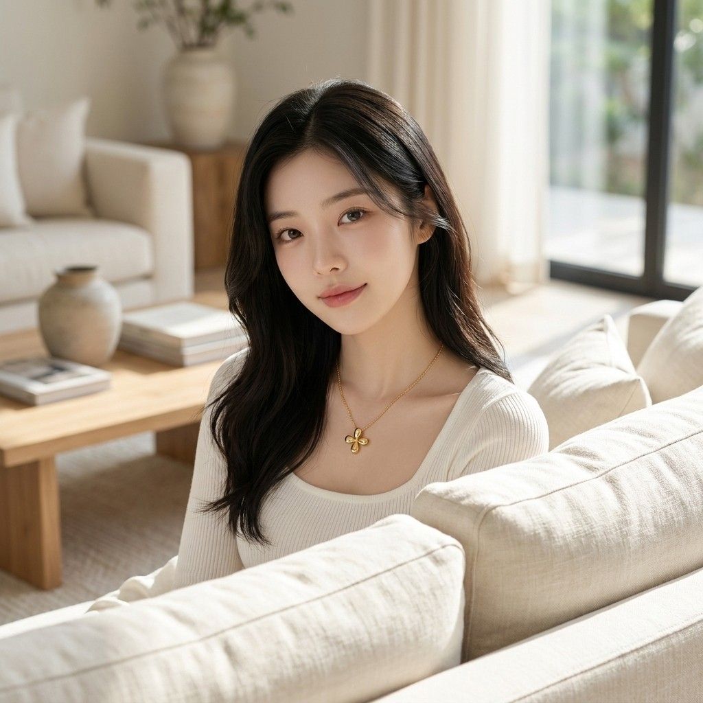 AI 생성 이미지: 거실 소파에 기대 앉은 여성, 흰 스쿱넥 니트 위 꽃잎 펜던트