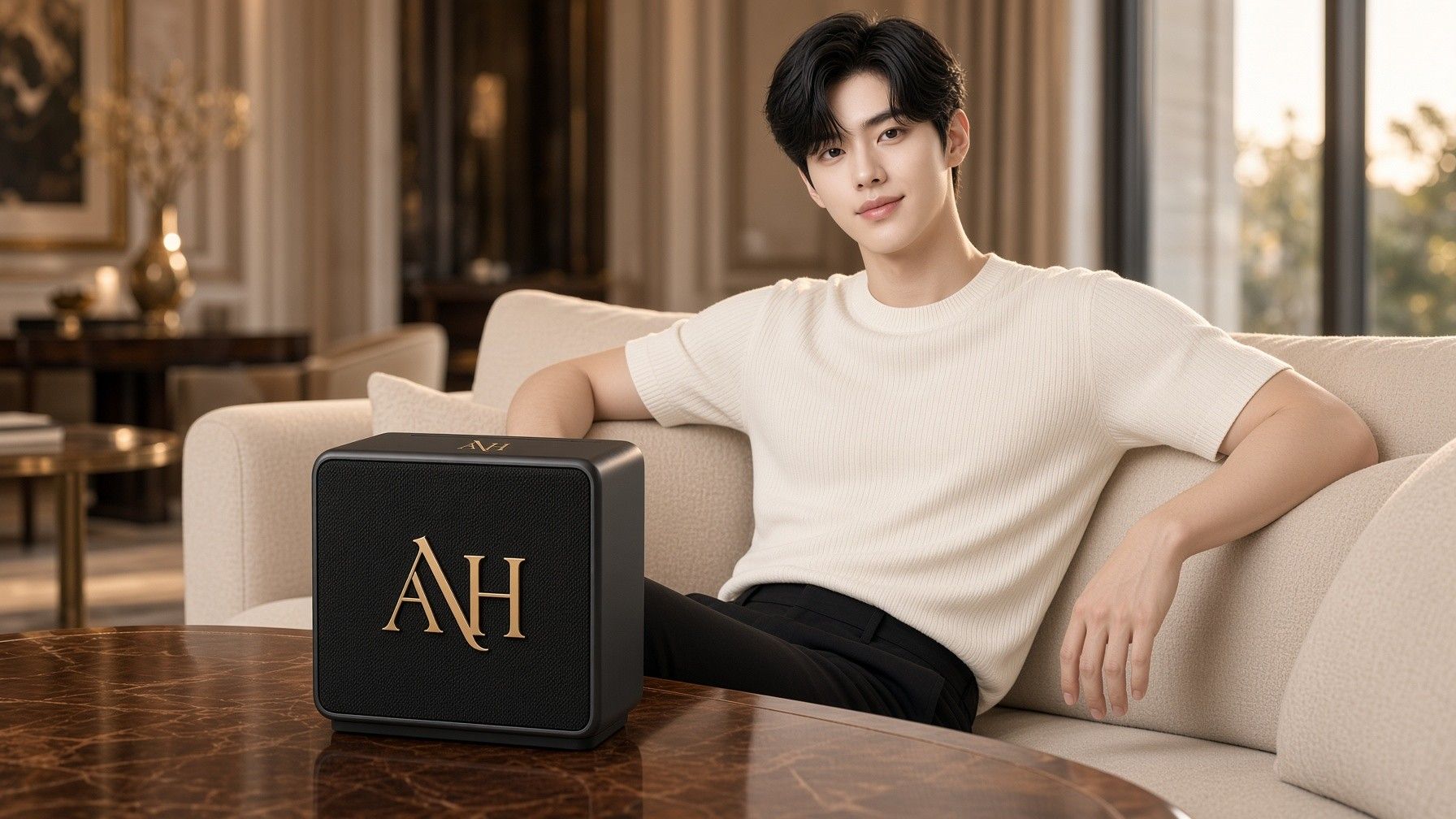 AI 생성 이미지: 거실 소파에 기대 앉은 남성과 탁자 위 스피커
