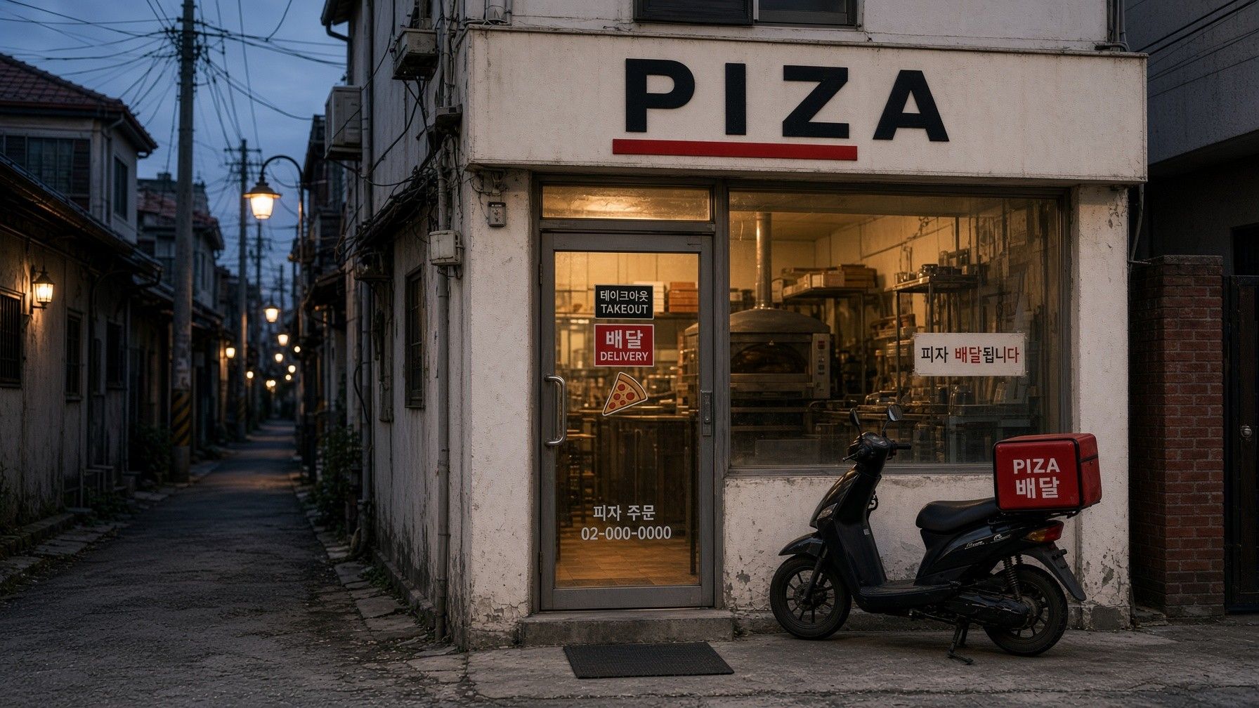 밤 골목의 PIZA 가게와 배달 오토바이