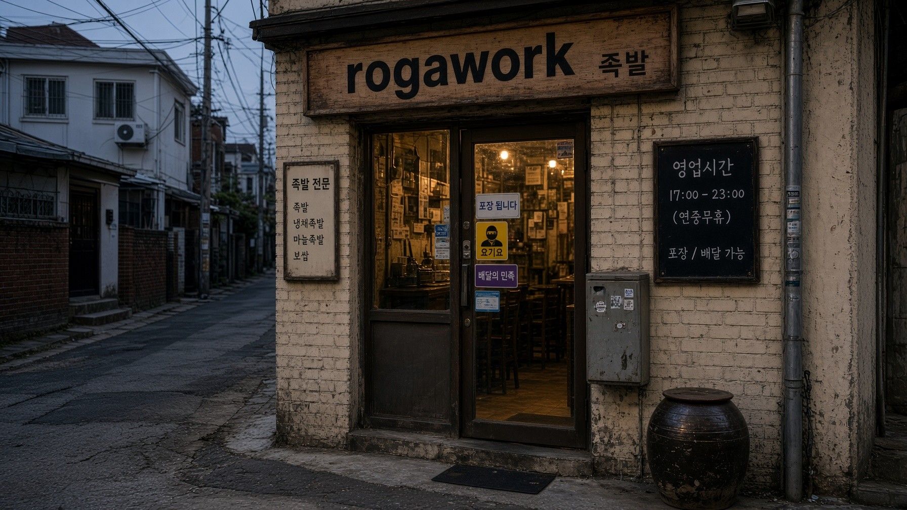해 질 녘 골목에 불이 켜진 rogawork 족발 가게