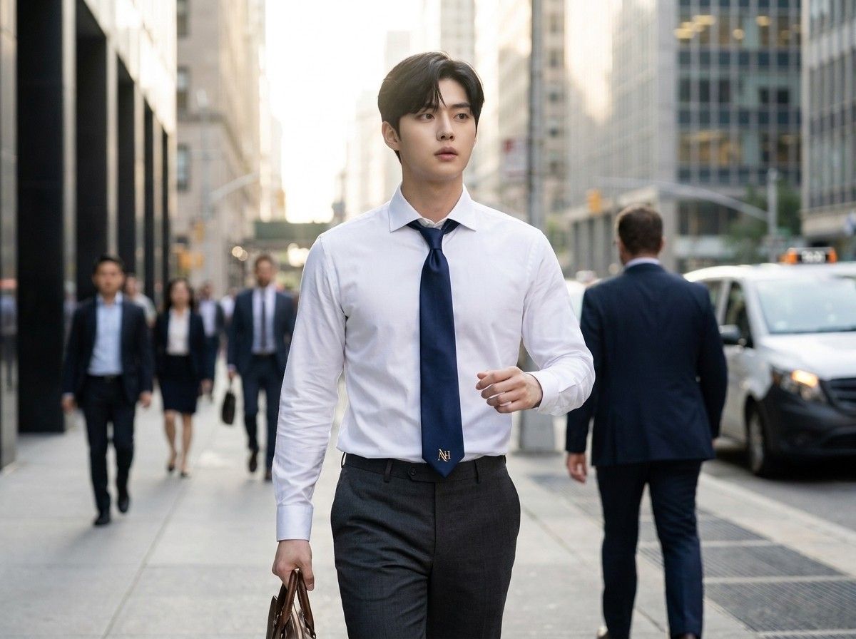 AI 생성 이미지: 흰 셔츠에 남색 넥타이를 매고 가방을 든 채 도심 거리를 걷는 남성