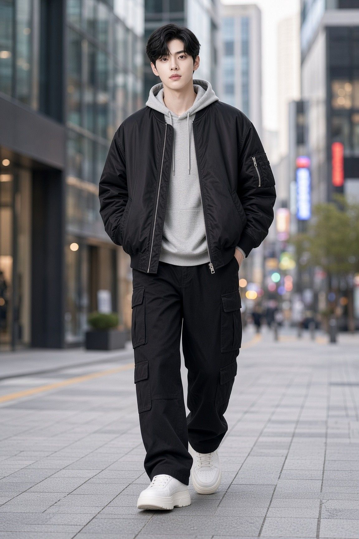 AI 생성 이미지: 빌딩 사이 보도를 걷는 남성, 검은 봄버 재킷·회색 후드·검은 카고 팬츠