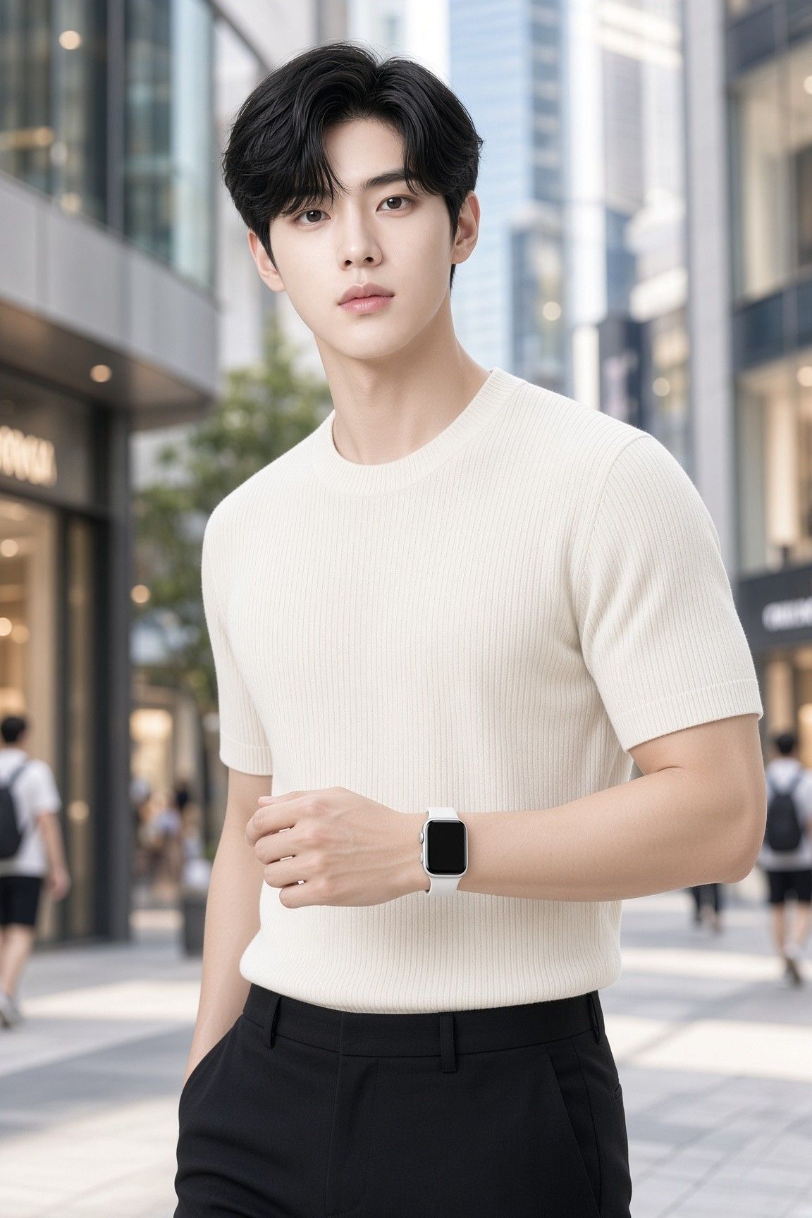 AI 생성 이미지: 빌딩 사이 거리를 걷는 남성, 흰 니트와 스마트워치