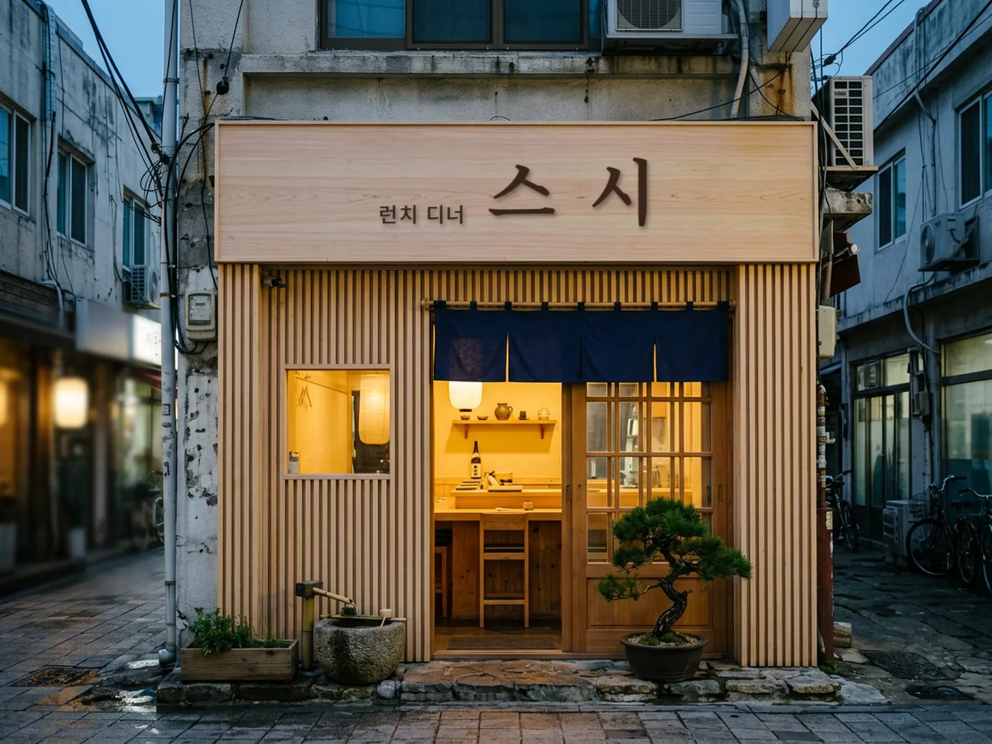 저녁 골목의 작은 초밥집. 나무 간판에 '런치 디너 스시', 세로 나무 살 외벽, 쪽빛 노렌 아래 불 켜진 카운터, 문 앞 소나무 분재