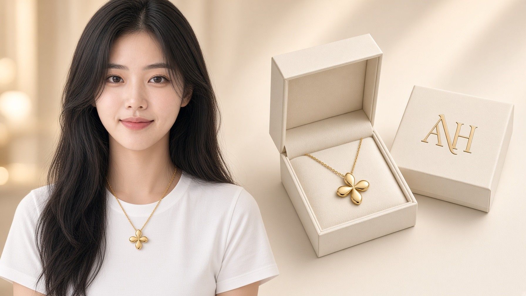 AI 생성 이미지: 흰 반팔 티를 입은 여성 옆에 열린 목걸이 상자