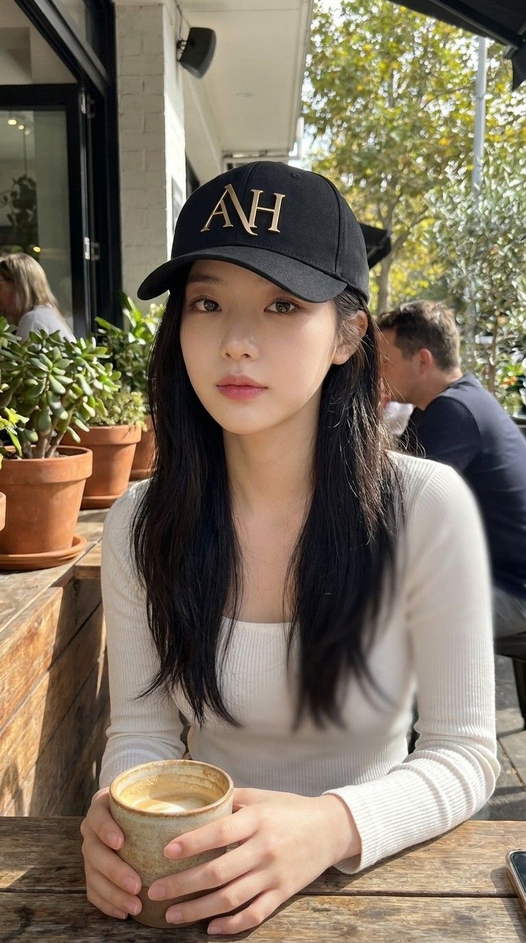 AI 생성 이미지: 노천 테라스에서 라테를 든 여성, 검은 볼캡