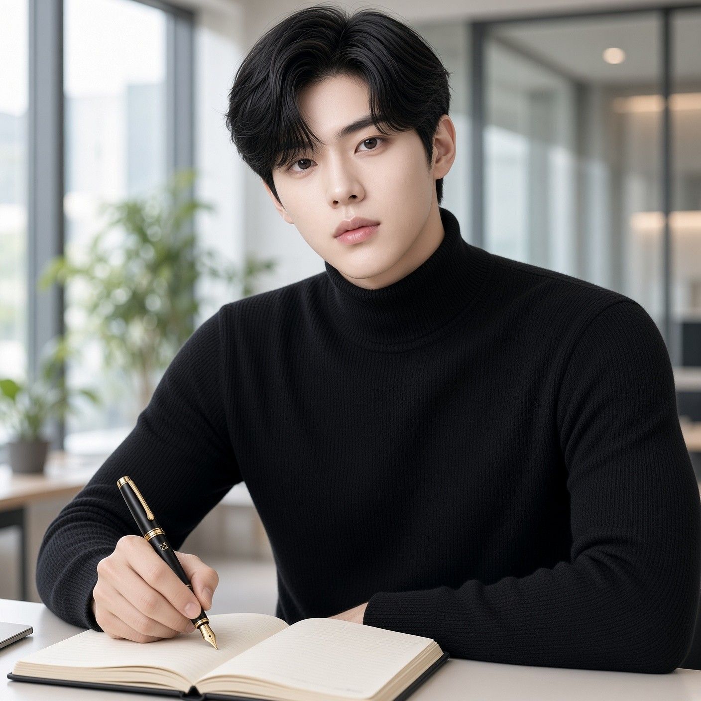 AI 생성 이미지: 검정 터틀넥 차림 남성이 노트를 펴고 만년필을 쥔 채 정면을 보는 모습