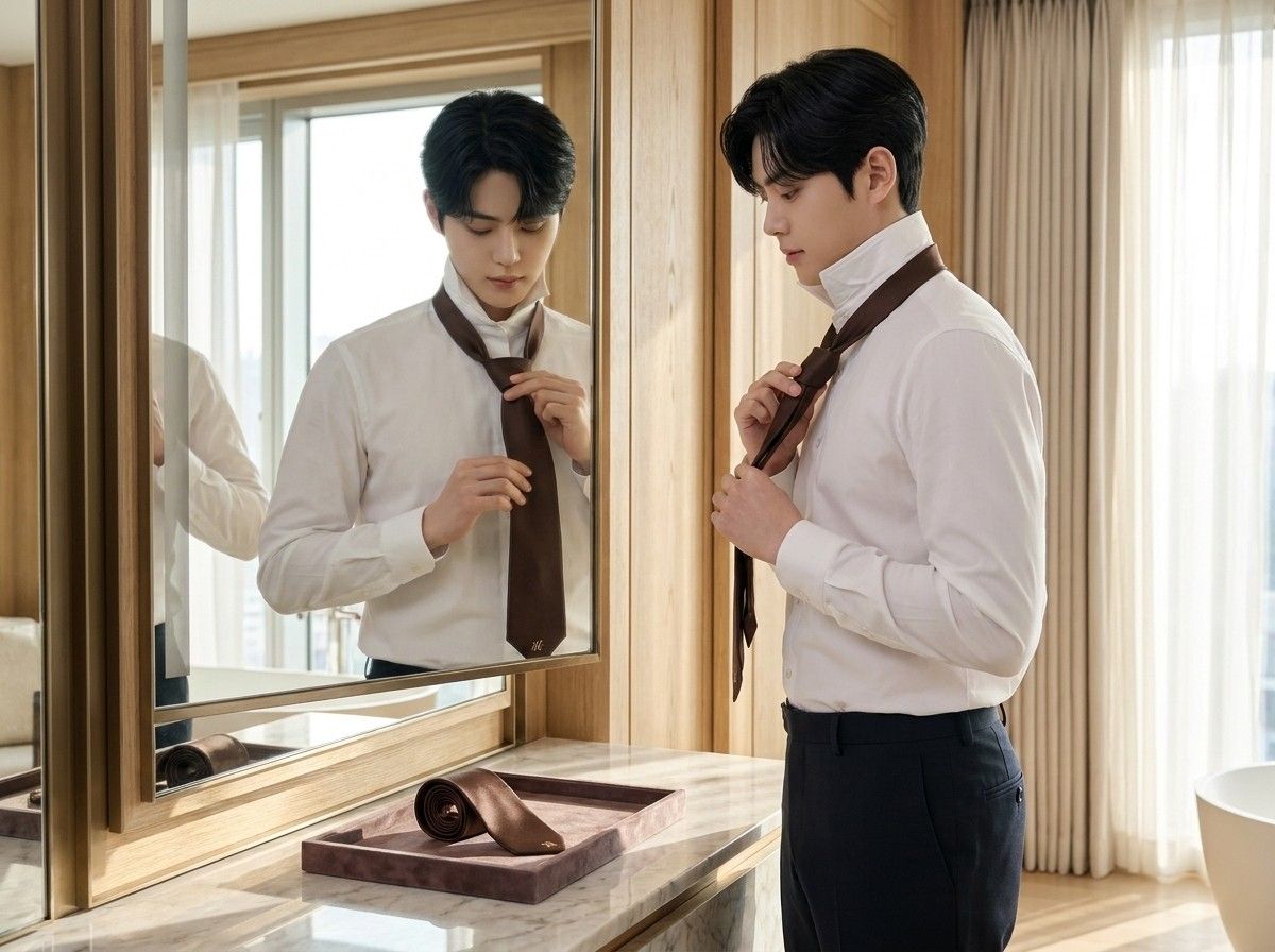 AI 생성 이미지: 거울 앞에서 흰 셔츠 차림으로 갈색 넥타이를 매는 남성