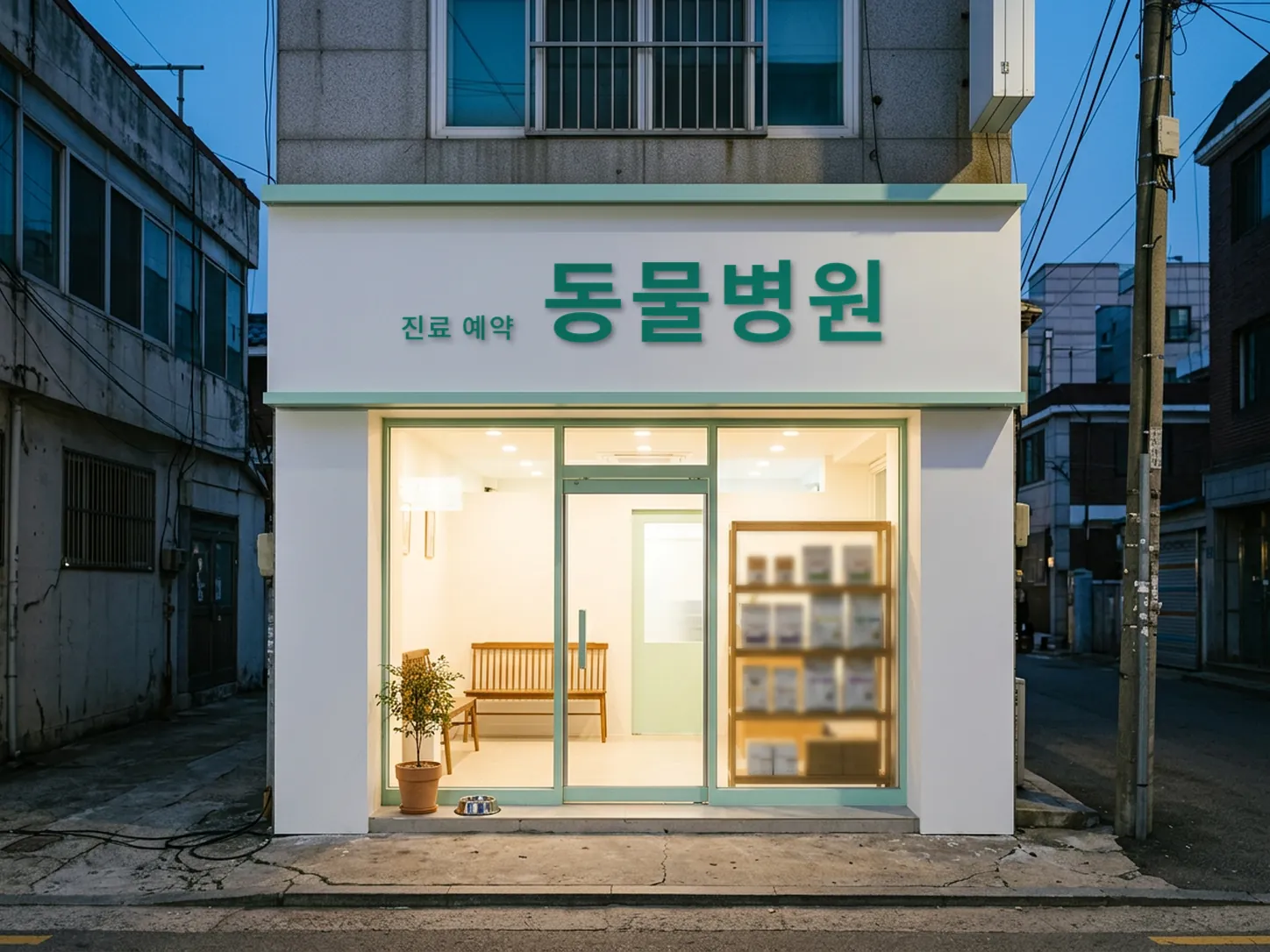 해 질 녘 골목, 흰 외벽에 초록 글씨 간판과 민트색 창틀, 불 켜진 대기실이 들여다보이는 동물병원 외관
