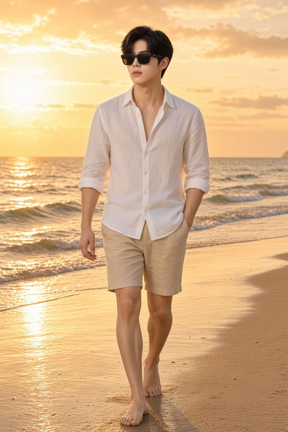 AI 생성 이미지: 해 지는 바닷가를 맨발로 걷는 흰 셔츠 차림 남성, 왼쪽에 낮게 뜬 해