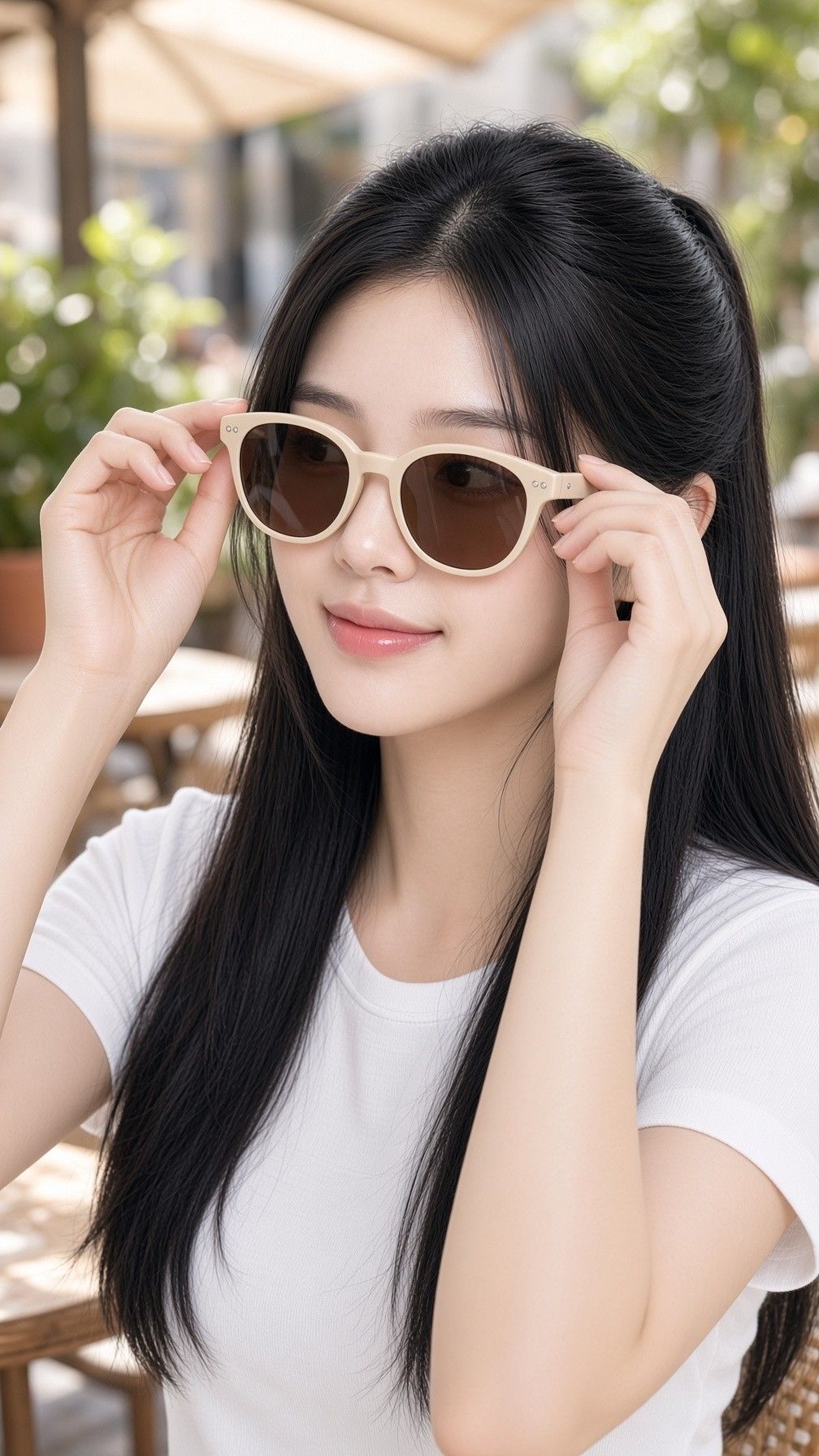 AI 생성 이미지: 긴 머리 여성이 아이보리 둥근 선글라스를 두 손으로 고쳐 쓰는 모습