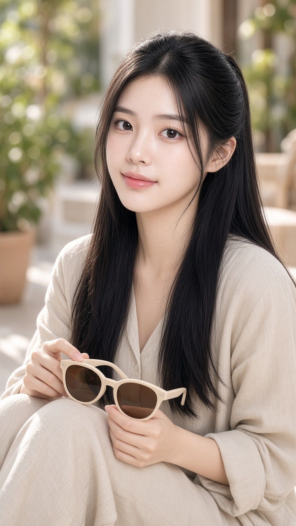 AI 생성 이미지: 베이지 셔츠 차림 여성이 아이보리 선글라스를 두 손에 들고 앉아 있는 모습