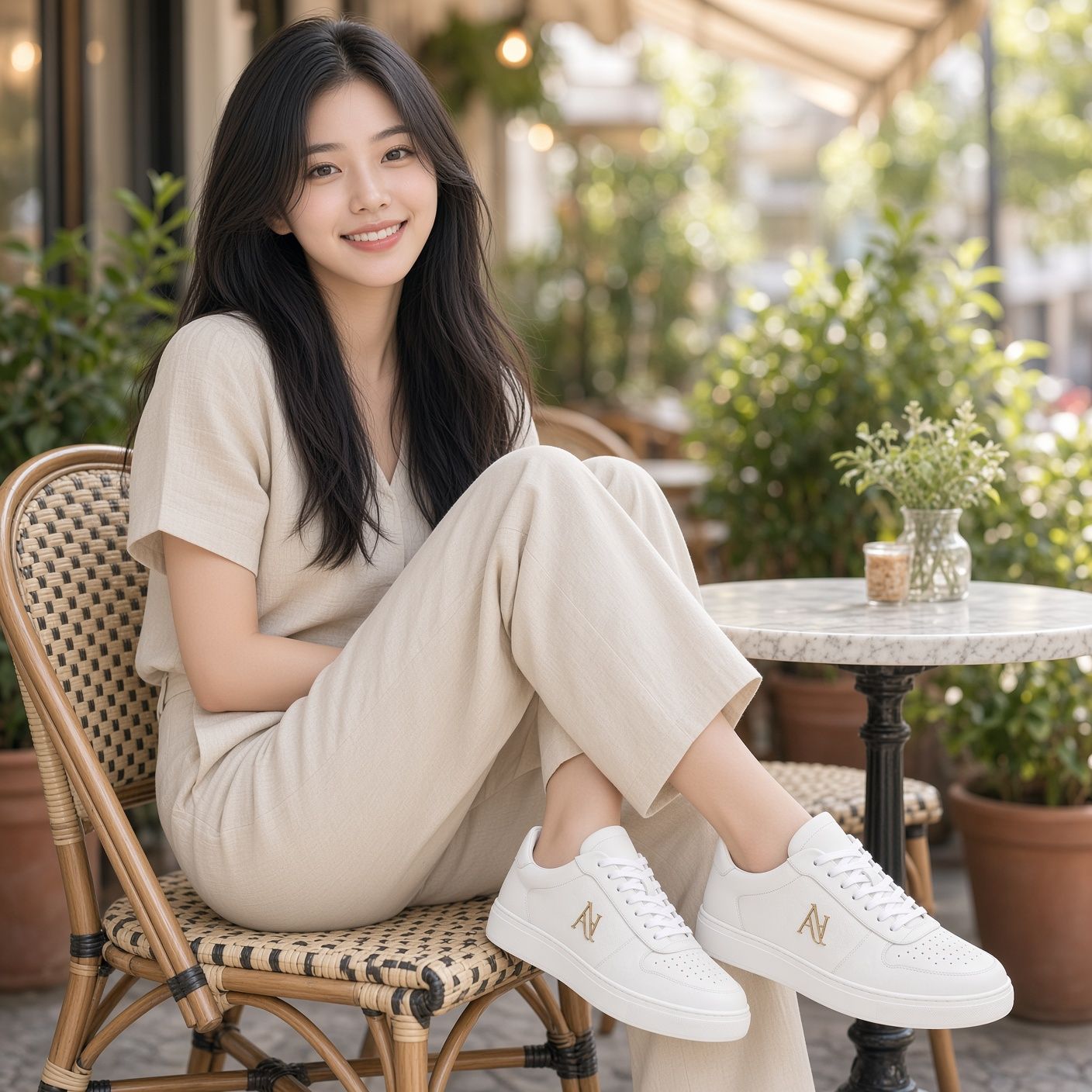 AI 생성 이미지: 테라스 카페 의자에 앉아 웃는 여성, 베이지 바지와 흰 스니커