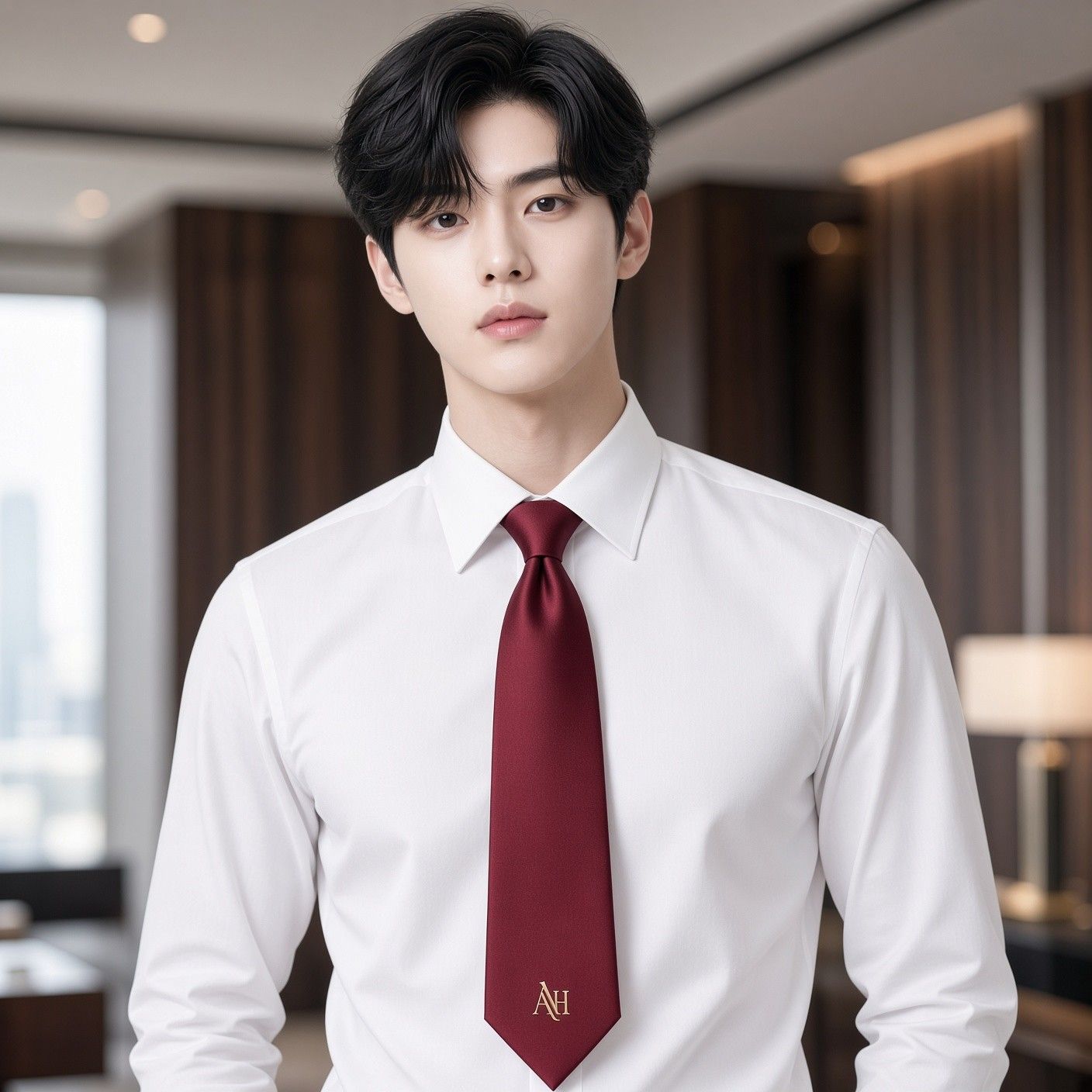 AI 생성 이미지: 흰 셔츠에 버건디 넥타이를 맨 남성의 상반신