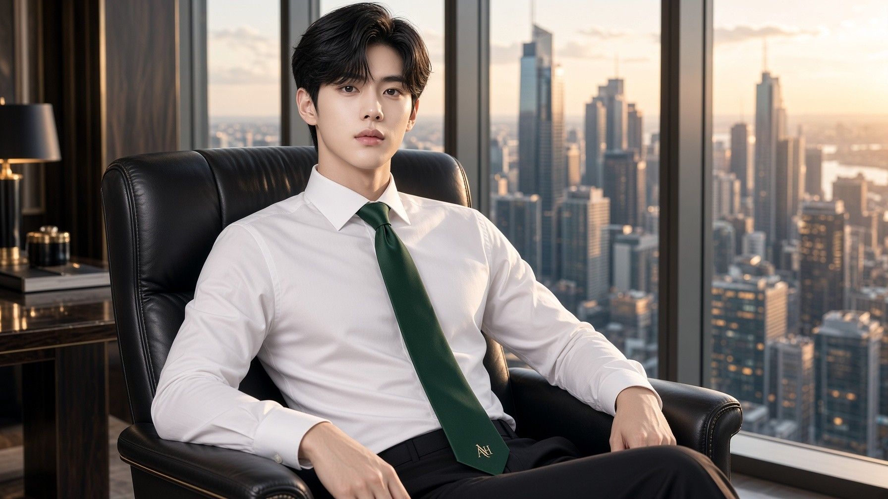 AI 생성 이미지: 흰 셔츠에 초록 넥타이를 매고 도시 풍경 앞 가죽 의자에 앉은 남성
