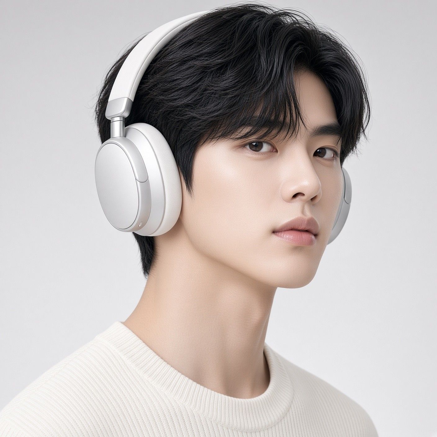 AI 생성 이미지: 흰 헤드폰을 쓴 남성의 옆얼굴, 이어컵이 귀를 다 덮음