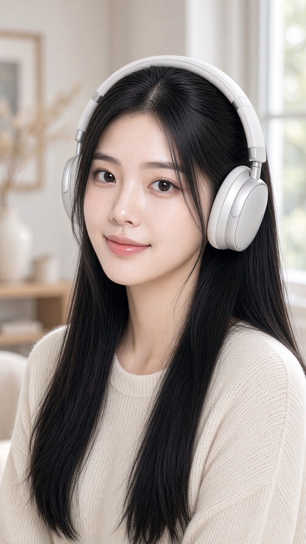 AI 생성 이미지: 흰 헤드폰을 쓰고 미소 짓는 긴 머리 여성