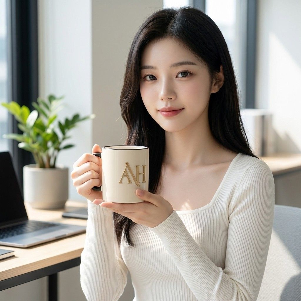 AI 생성 이미지: 창가 책상 앞에서 흰 니트 차림 여성이 검은 테두리 머그를 두 손으로 들고 있는 모습