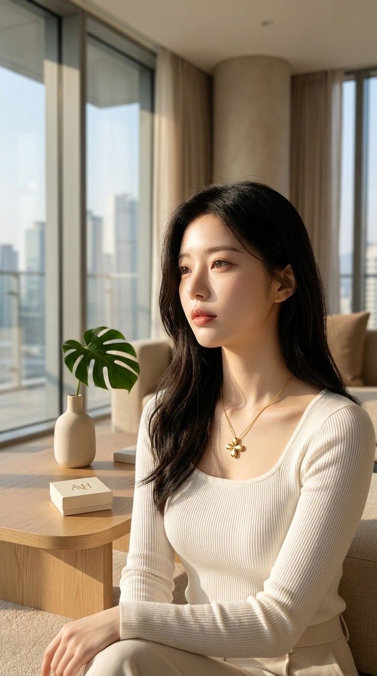 AI 생성 이미지: 높은 층 창가에 앉아 밖을 보는 여성, 흰 니트와 꽃잎 펜던트