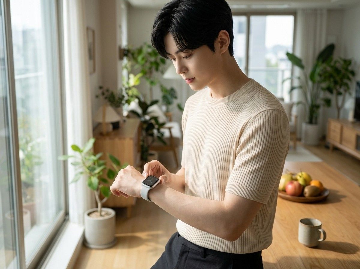 AI 생성 이미지: 창가 탁자에서 손목의 스마트워치를 내려다보는 남성